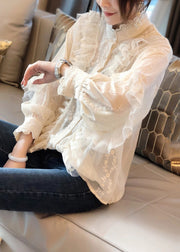 Stylish White Ruffled Button Patchwork Lace Shirts Top Fall