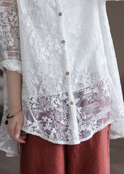 Stylish White Stand Collar Embroidered Patchwork Lace Shirt Tops Long Sleeve