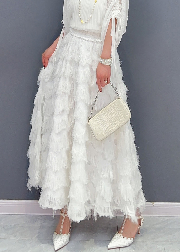 Stylish White Tassel Elastic Waist Maxi Skirt Spring
