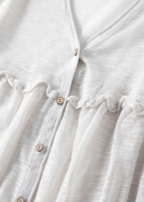 Stylish White V Neck Button Patchwork Knit Cardigan Bracelet Sleeve