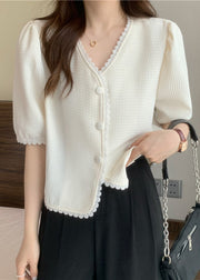 Stylish White V Neck Lace Patchwork Cotton Shirt Puff Sleeve