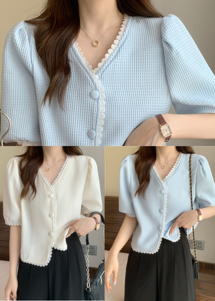 Stylish White V Neck Lace Patchwork Cotton Shirt Puff Sleeve