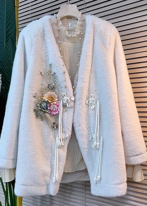 Stylish White V Neck Tasseled Floral Decorated Faux Fur Jacket Winter