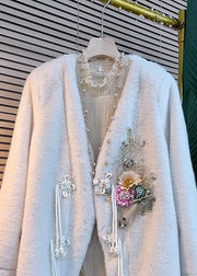 Stylish White V Neck Tasseled Floral Decorated Faux Fur Jacket Winter