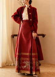 Stylish Wine Red Stand Collar Tie Waist Woolen Long Coats Fall