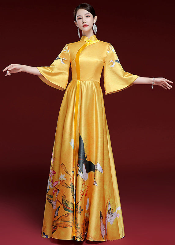 Stylish Yellow Button Print Patchwork Silk Long Dresses Fall