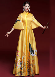Stylish Yellow Button Print Patchwork Silk Long Dresses Fall
