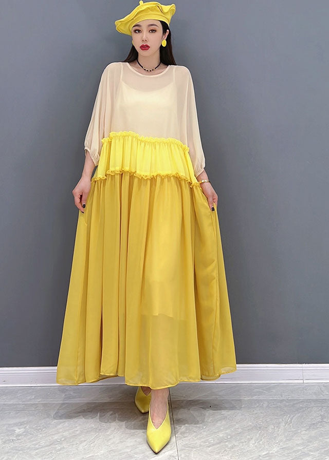Stilvolles gelbes Colorblock-Patchwork-Chiffon-langes Kleid mit Fledermausärmeln und Rüschen