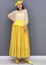 Stylish Yellow Colorblock Ruffled Patchwork Chiffon Long Dress Batwing Sleeve