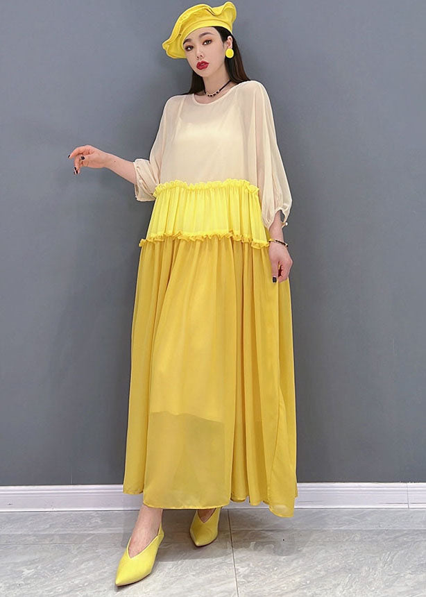 Stilvolles gelbes Colorblock-Patchwork-Chiffon-langes Kleid mit Fledermausärmeln und Rüschen