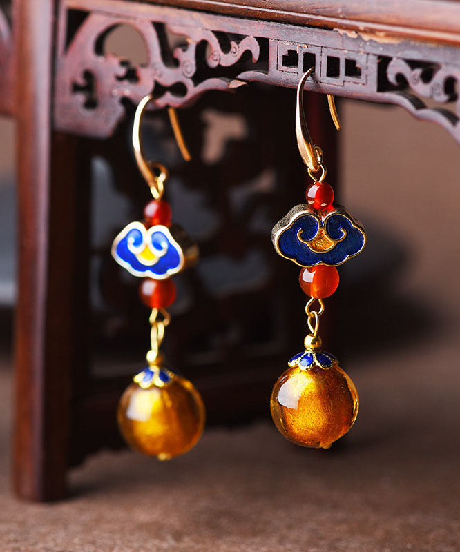 Stilvolle, gelb gefärbte, glasierte Cloisonne-Ohrringe aus 14 Karat Gold im chinesischen Stil