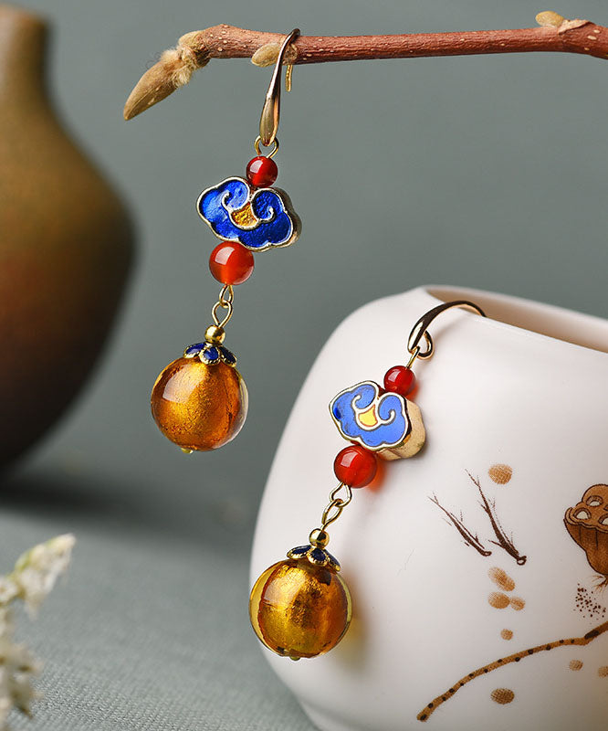 Stilvolle, gelb gefärbte, glasierte Cloisonne-Ohrringe aus 14 Karat Gold im chinesischen Stil