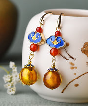 Stylish Yellow Coloured Glaze Cloisonne 14K Gold Chinese Style Drop Earrings