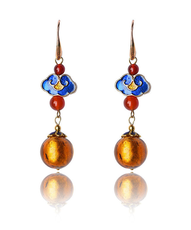 Stylish Yellow Coloured Glaze Cloisonne 14K Gold Chinese Style Drop Earrings