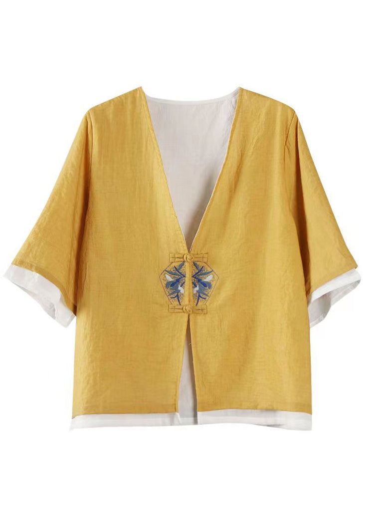 Stylish Yellow Embroidered Patchwork Cotton Tops Coats Summer