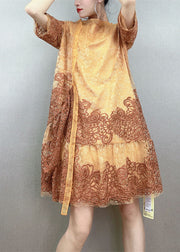 Stylish Yellow Embroidered Patchwork Tulle Mid Dress Summer
