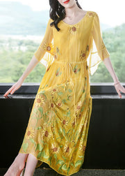 Stylish Yellow Embroidered Silk Cinched Dress Flare Sleeve