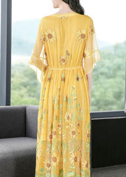 Stylish Yellow Embroidered Silk Cinched Dress Flare Sleeve