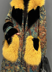 Stylish Yellow Fur Collar Print Button Mink Velvet Thick Coats Winter