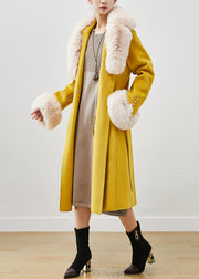 Stylish Yellow Fur Collar Tie Waist Woolen Coats Fall