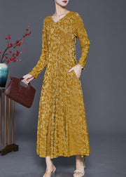 Stylish Yellow Jacquard Exra Large Hem Silk Velour Dress Spring