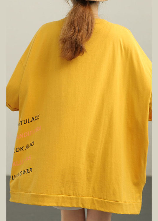Stylish Yellow Loose O-Neck Print low high design Fall Tee Half Sleeve