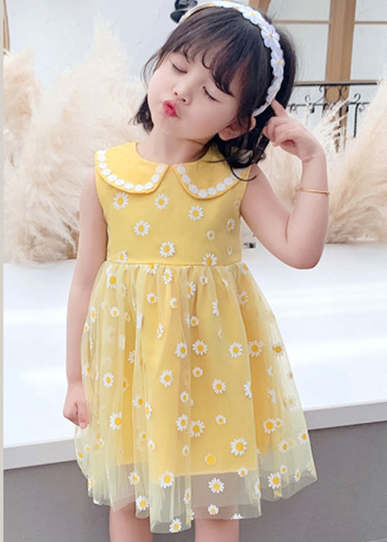 Stylish Yellow Patchwork Tulle Kids Long Dresses Sleeveless