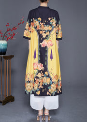 Stylish Yellow Print Stand Collar Silk Shirt Dresses Summer
