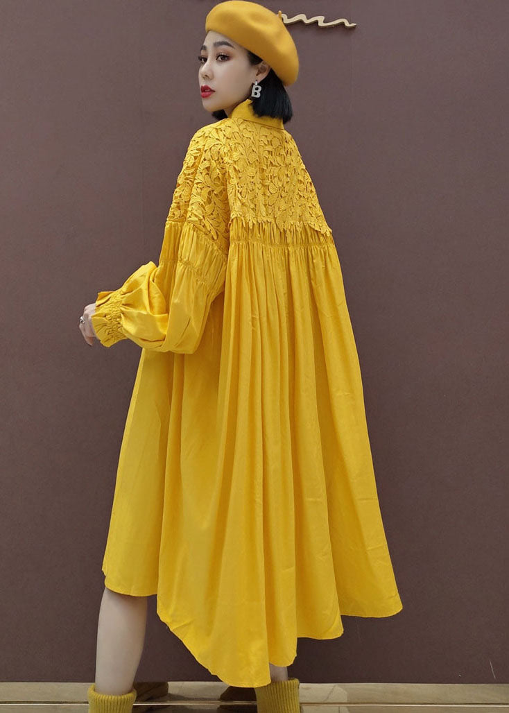 Stylish Yellow Puff Sleeve Peter Pan Collar lace Patchwork shirt Dress Spring