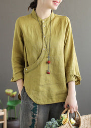 Stylish Yellow Stand Collar Asymmetrical Design Linen Tops Long Sleeve