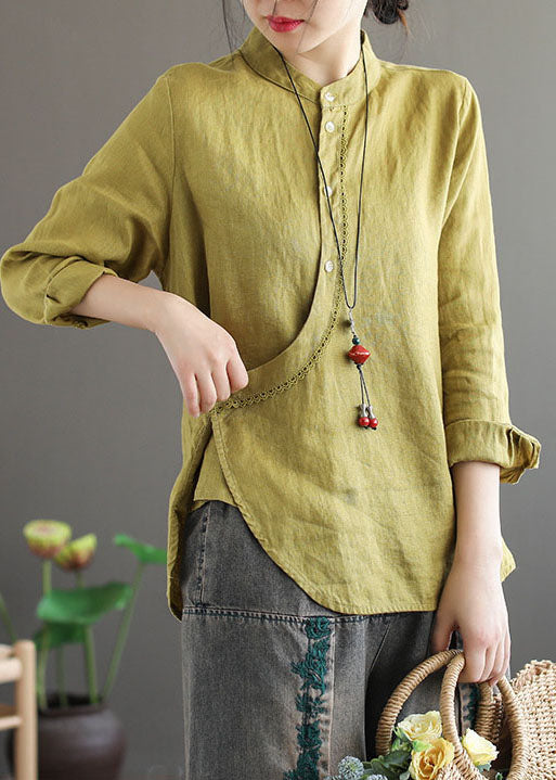 Stylish Yellow Stand Collar Asymmetrical Design Linen Tops Long Sleeve