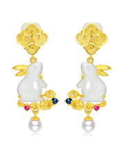 Stylish Yellow Sterling Silver Overgild Jade Pearl Xiangyun The Jade Hare Drop Earrings