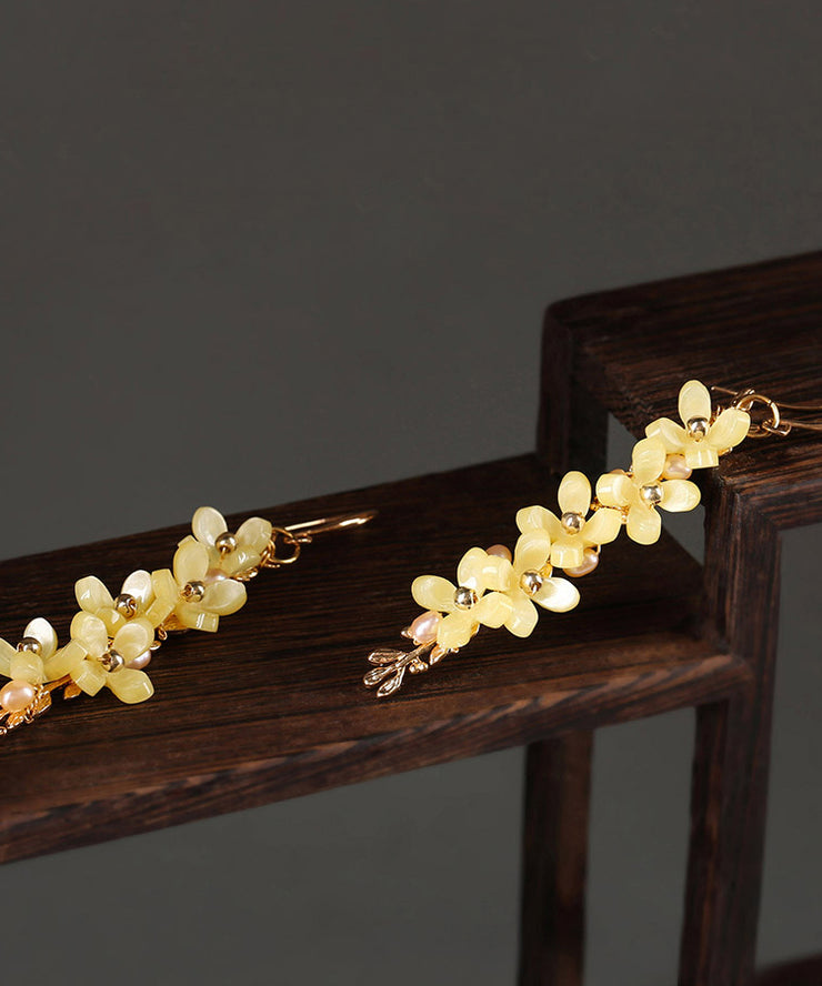 Stylish Yellow Sterling Silver Pearl Floral Drop Earrings