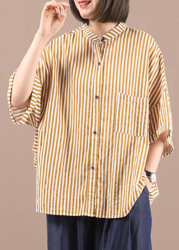 Stylish Yellow Striped low high design Half Sleeve Cotton Shirt Top Summer - SooLinen