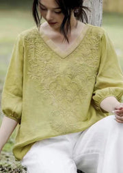 Stylish Yellow V Neck Embroidered Linen Top Half Sleeve