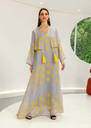Stylish Yellow V Neck Print Tassel Tulle Maxi Dresses Fall