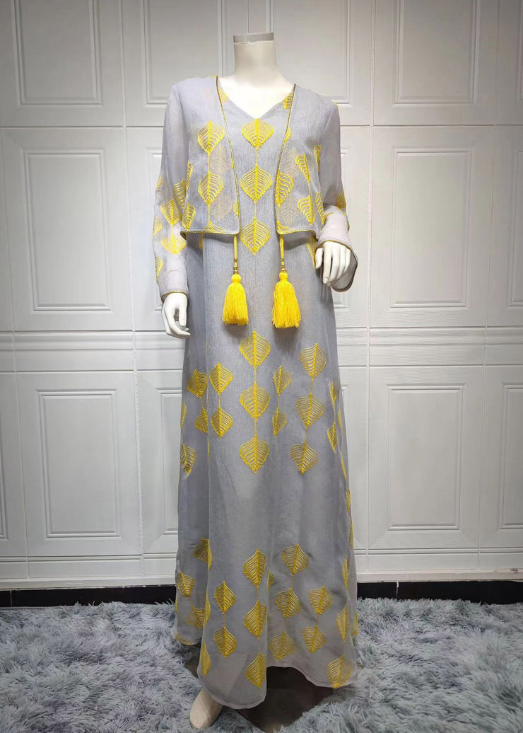 Stylish Yellow V Neck Print Tassel Tulle Maxi Dresses Fall