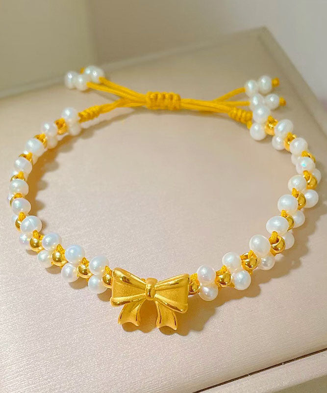 Stylish Yellow White Hand Knitting Pearl Bow Charm Bracelet