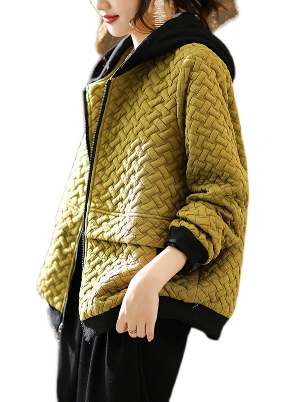 Stylish Yellow Zippered Patchwork Hooded Coats Fall