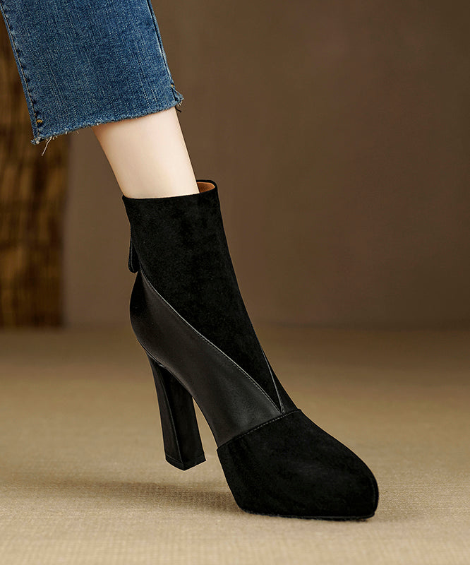 Stylish Zippered Splicing High Heel Boots Black Suede