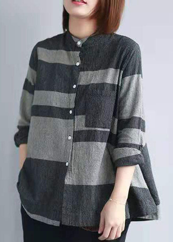 Stylish black Grey Stand Collar pocket button Striped shirts Spring