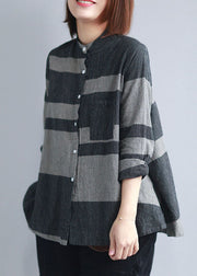 Stylish black Grey Stand Collar pocket button Striped shirts Spring