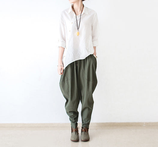 Stylish tea green linen carrot pants oversize causal cotton harem pants