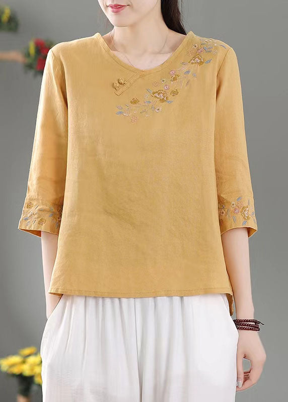 Stylish Yellow Embroidered Shirt Tops Half Sleeve