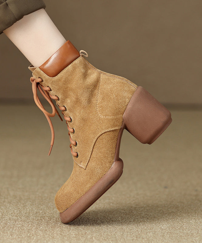 Suede Chunky Heel Boots Apricot Stylish Splicing Lace Up