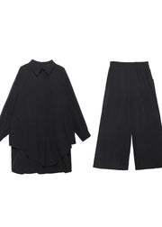 Suit large black long sleeve shirt wide leg pants two piece set - SooLinen