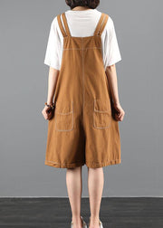 Summer 202 loose tooling brown bib pants women casual fashion five-point pants jumpsuit - SooLinen