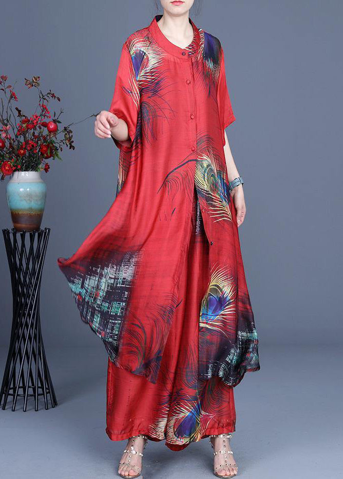 Summer 2024 Loose Silk Red Print Coat + Two Piece Pants