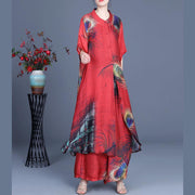Summer 2021 Loose Silk Red Print Coat + Two Piece Pants - SooLinen