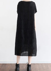Summer Black Cotton Hemp Embroidered Oversized Dress - SooLinen